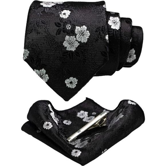 Floral Necktie and Pocket Square Tie Clip Sets for Men - Picture 1 of 4